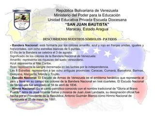 República Bolivariana de Venezuela
                              Ministerio del Poder para la Educación
                           Unidad Educativa Privada Escuela Diocesana
                                    “SAN JUAN BAUTISTA”
                                     Maracay, Estado Aragua

                        Descubriendo Nuestros Símbolos Patrios
- Bandera Nacional: está formada por los colores amarillo, azul y rojo en franjas unidas, iguales y
horizontales, con ocho estrellas blancas de 5 puntas.
El día de la Bandera se celebra el 3 de agosto.
Significado de los colores de la Bandera Nacional de Venezuela:
Amarillo: representa las riquezas del suelo venezolano.
Azul: representa al Mar Caribe.
Rojo: representa la sangre derramada en las luchas por la independencia.
Las 8 Estrellas: representan a las ocho antiguas provincias: Caracas, Cumaná, Barcelona, Barinas,
Guayana, Margarita, Mérida y Trujillo.
- Escudo Nacional: El Escudo de Armas de Venezuela es el emblema heráldico que representa al
país y lleva en su campo los colores de la Bandera Nacional en tres cuarteles. El Escudo Nacional
de Venezuela fue adoptado el 18 de abril de 1836.
- Himno Nacional: Es el canto patriótico conocido con el nombre tradicional de "Gloria al Bravo
Pueblo", letra de José Vicente Salías y música de Juan José Landaeta, su designación oficial fue
hecha por el Presidente de la República, Antonio Guzmán Blanco como Himno Nacional de
Venezuela el 25 de mayo de 1881.
 
