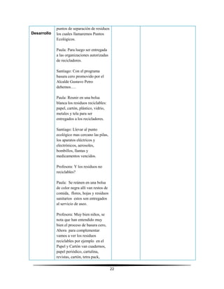 22
Desarrollo
puntos de separación de residuos
los cuales llamaremos Puntos
Ecológicos.
Paula: Para luego ser entregada
a las organizaciones autorizadas
de recicladores.
Santiago: Con el programa
basura cero promovido por el
Alcalde Gustavo Petro
debemos….
Paula: Reunir en una bolsa
blanca los residuos reciclables:
papel, cartón, plástico, vidrio,
metales y tela para ser
entregados a los recicladores.
Santiago: Llevar al punto
ecológico mas cercano las pilas,
los aparatos eléctricos y
electrónicos, aerosoles,
bombillos, llantas y
medicamentos vencidos.
Profesora: Y los residuos no
reciclables?
Paula: Se reúnen en una bolsa
de color negra allí van restos de
comida, flores, hojas y residuos
sanitarios estos son entregados
al servicio de aseo.
Profesora: Muy bien niños, se
nota que han entendido muy
bien el proceso de basura cero,
Ahora para complementar
vamos a ver los residuos
reciclables por ejemplo en el
Papel y Cartón van cuadernos,
papel periódico, cartulina,
revistas, cartón, tetra pack,
 