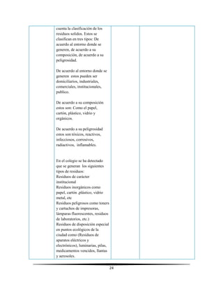 24
cuenta la clasificación de los
residuos solidos. Estos se
clasifican en tres tipos: De
acuerdo al entorno donde se
generen, de acuerdo a su
composición, de acuerdo a su
peligrosidad.
De acuerdo al entorno donde se
generen estos pueden ser
domiciliarios, industriales,
comerciales, institucionales,
publico.
De acuerdo a su composición
estos son: Como el papel,
cartón, plástico, vidrio y
orgánicos.
De acuerdo a su peligrosidad
estos son tóxicos, reactivos,
infecciosos, corrosivos,
radiactivos, inflamables.
En el colegio se ha detectado
que se generan los siguientes
tipos de residuos:
Residuos de carácter
institucional
Residuos inorgánicos como
papel, cartón ,plástico, vidrio
metal, etc
Residuos peligrosos como toners
y cartuchos de impresoras,
lámparas fluorescentes, residuos
de laboratorios, etc.)
Residuos de disposición especial
en puntos ecológicos de la
ciudad como (Residuos de
aparatos eléctricos y
electrónicos), luminarias, pilas,
medicamentos vencidos, llantas
y aerosoles.
 