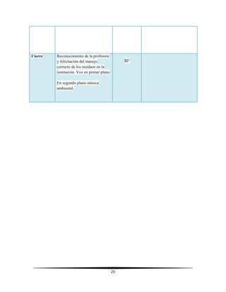 25
Cierre Reconocimiento de la profesora
y felicitación del manejo
correcto de los residuos en la
institución. Voz en primer plano
En segundo plano música
ambiental.
30’’
 