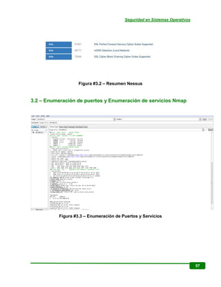 Seguridad en Sistemas Operativos
57
Figura #3.2 – Resumen Nessus
3.2 – Enumeración de puertos y Enumeración de servicios N...