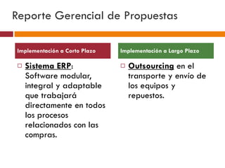 Reporte Gerencial de Propuestas Outsourcing  en el transporte y envío de los equipos y repuestos. Implementación a Corto Plazo Implementación a Largo Plazo Sistema ERP : Software modular, integral y adaptable que trabajará directamente en todos los procesos relacionados con las compras. 