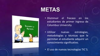 METAS
• Disminuir el fracaso en los
estudiantes de primer ingreso de
Columbus University.
• Utilizar nuevas estrategias,
metodologías y técnicas que le
permitan al estudiante adquirir un
conocimiento significativo.
• El uso de nuevas tecnologías TIC´S.
 