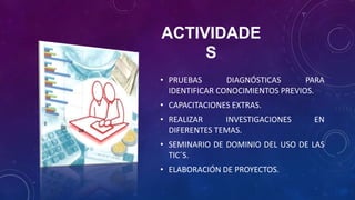 ACTIVIDADE
S
• PRUEBAS DIAGNÓSTICAS PARA
IDENTIFICAR CONOCIMIENTOS PREVIOS.
• CAPACITACIONES EXTRAS.
• REALIZAR INVESTIGACIONES EN
DIFERENTES TEMAS.
• SEMINARIO DE DOMINIO DEL USO DE LAS
TIC´S.
• ELABORACIÓN DE PROYECTOS.
 