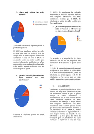 3. ¿Para qué utilizas las redes
sociales?
Analizando los datos del siguiente gráfico se
puede designar que:
El 80,8% de estudiante utiliza las redes
sociales para estar en contacto con sus
amigos, más no para compartir información
académica ya que tan solo el 19,2% de
estudiantes utiliza sus redes sociales para
mostrar información académica, se refiere
que actualmente se está dando mal uso a las
redes sociales, cuando realmente estas nos
serían de gran de ayuda.
4. ¿Habías utilizado previamente las
redes sociales con fines
académicos?
Respecto al siguiente gráfico se puede
analizar que:
El 88,5% de estudiantes ha utilizado
previamente a utilizado las redes sociales
para compartir información con fines
académicos, mientras que el 11,5% de
estudiante no utiliza las redes sociales con
fines académicos.
5. ¿Consideras que el incorporar las
redes sociales en la educación es
un buen recurso de aprendizaje?
De acuerdo a la recopilación de datos
obtenidos, en una de las preguntas más
importantes de la encuesta se puede decir
que:
El 73,5% de los estudiantes considera que el
incorporar las redes sociales en la educación
es un buen recurso de aprendizaje, 24,5% de
estudiantes no están seguros y el 2% de
estudiantes no les parece que las redes
sociales sean un buen recurso de aprendizaje.
V. CONCLUSIÓN
Finalmente se puede concluir que las redes
sociales son muy útiles y beneficiosas para
los estudiantes debido a que se puede
trabajar de forma colaborativa e
implementar el uso de redes sociales de una
forma apropiada usándola con fines
académicos. Sin embargo la mejor opción
para compartir información con fines
académicos sería Facebook ya que fue la
que más destacó en la encuesta realizada a
los estudiantes de la UTMACH, primer
semestre de la carrera de Ingeniería Civil, y
tuvo mayor número de acogida de los
estudiantes a y más grado de índice de
utilización por los estudiantes. Se debe
comenzar a incentivar el uso de redes
 