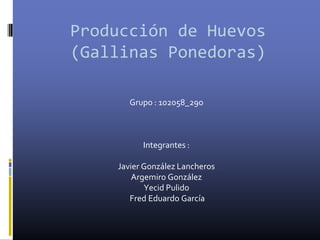 Producción de Huevos
(Gallinas Ponedoras)
Grupo : 102058_29o

Integrantes :
Javier González Lancheros
Argemiro González
Yecid Pulido
Fred Eduardo García

 