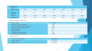 Egresos de
efectivo
Materia prima

4.000

4.000

4.400

4.000

4.000

4.000

4.000

Servicios
públicos
Salarios

60

60

60

60

60

60

60

3.000

3.000

3.000

3.000

3.000

3.000

3.000

Saldo final

3.440

1.160

7.460

2.610

3.060

2.890

3.040

Estado de pérdidas y ganancias
Ventas netas
Compra de meterías primas
Costo de materias primas utilizadas
Costo de mano de obra directa
Gastos generales
Gastos varios
Total gastos operacionales
Utilidad antes de impuestos

Costo en miles
11.600
4.000
4.000
3.000
100
50
7.150
10850

Balance general
Dinero en caja y bancos

30.000.000

Activo corriente

30.000.000

Total activo

60.000.000

 