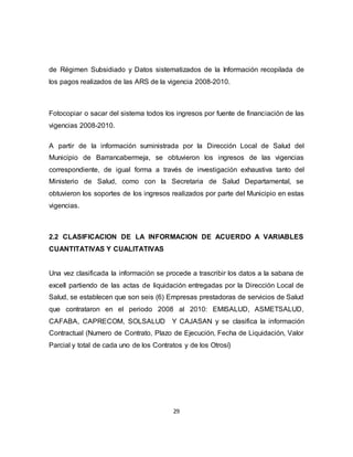 29
de Régimen Subsidiado y Datos sistematizados de la Información recopilada de
los pagos realizados de las ARS de la vigencia 2008-2010.
Fotocopiar o sacar del sistema todos los ingresos por fuente de financiación de las
vigencias 2008-2010.
A partir de la información suministrada por la Dirección Local de Salud del
Municipio de Barrancabermeja, se obtuvieron los ingresos de las vigencias
correspondiente, de igual forma a través de investigación exhaustiva tanto del
Ministerio de Salud, como con la Secretaria de Salud Departamental, se
obtuvieron los soportes de los ingresos realizados por parte del Municipio en estas
vigencias.
2.2 CLASIFICACION DE LA INFORMACION DE ACUERDO A VARIABLES
CUANTITATIVAS Y CUALITATIVAS
Una vez clasificada la información se procede a trascribir los datos a la sabana de
excell partiendo de las actas de liquidación entregadas por la Dirección Local de
Salud, se establecen que son seis (6) Empresas prestadoras de servicios de Salud
que contrataron en el periodo 2008 al 2010: EMISALUD, ASMETSALUD,
CAFABA, CAPRECOM, SOLSALUD Y CAJASAN y se clasifica la información
Contractual (Numero de Contrato, Plazo de Ejecución, Fecha de Liquidación, Valor
Parcial y total de cada uno de los Contratos y de los Otrosí)
 