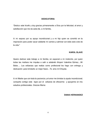 4
DEDICATORIA
“Dedico este triunfo y doy gracias primeramente a Dios por la felicidad, el amor y
satisfacción que me da cada día, a mi familia,
A mi esposo por su apoyo incondicional y a mi hijo quien se convirtió en la
inspiración para poder sacar adelante mi carrera y culminar con éxito este ciclo de
la vida."
KAROL OLAVE
Quiero dedicar este trabajo a mi familia, en especial a mi motorcito, por quien
todas las mañana me impulsa a salir a adelanté Ahryani Valentina Gómez….Mi
Bebe…. Los esfuerzos que realizo como profesional los hago con entrega y
dedicación para brindarte un mejor futuro…Te amo mi Chiquita.
A mi Madre que con toda la paciencia y el amor me brindas tu ayuda incondicional;
comparto contigo este logro por el esfuerzo de ofrecerme y apoyarme en mis
estudios profesionales. Gracias Mama
DIANA HERNANDEZ
 