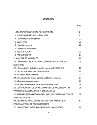 6
CONTENIDO
Pág.
1. DESCRIPCION GENERAL DEL PROYECTO 21
1.1 PLANTEAMIENTO DEL PROBLEMA 21
1.1.1 Formulación del Problema 22
1.2 OBJETIVOS 22
1.2.1 Objetivo general 22
1.2.1 Objetivos Específicos 2
1.3 JUSTIFICACION 23
1.4 PRESUPUESTO 24
2. ANALISIS DE VARIABLES 25
2.1 ORGANIZACIÓN Y DESARROLLO DE LA AUDITORIA DE
RECURSOS
25
2.1.1 Recopilación de la Información contractual 2008-2010 25
2.1.2 Alcance- Exclusiones de la Auditoria 26
2.1.3 Criterios de la Auditoria 27
2.1.4 Personal entrevistado para la Auditoria de recursos 27
2.1.5 Documentos Analizados 27
2.1.6 Aspectos relevantes de la Auditoria de recursos 28
2.2 CLASIFICACIÓN DE LA INFORMACIÓN DE ACUERDO A LAS
VARIABLES CUANTITATIVAS Y CUALITATIVAS
29
2.3 ANALISIS DE LA INFORMACION DEL EJE PROGRAMATICO DE
ASEGURAMIENTO
38
2.4 DISEÑO DE INDICADORES DE GESTION PARA EL EJE
PROGRAMATICO DE ASEGURAMIENTO
57
2.5 HALLAZGOS Y OBSERVACIONES DE LA AUDITORIA 69
 