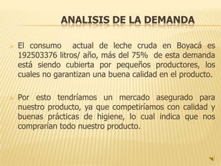 ANALISIS DE LA DEMANDA

   El consumo actual de leche cruda en Boyacá es
    192503376 litros/ año, más del 75% de esta demanda
    está siendo cubierta por pequeños productores, los
    cuales no garantizan una buena calidad en el producto.

   Por esto tendríamos un mercado asegurado para
    nuestro producto, ya que competiríamos con calidad y
    buenas prácticas de higiene, lo cual indica que nos
    comprarían todo nuestro producto.
 