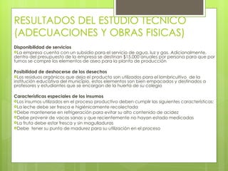 RESULTADOS DEL ESTUDIO TECNICO
(ADECUACIONES Y OBRAS FISICAS)
Disponibilidad de servicios
La empresa cuenta con un subsidio para el servicio de agua, luz y gas. Adicionalmente,
dentro del presupuesto de la empresa se destinan $15.000 anuales por persona para que por
turnos se compre los elementos de aseo para la planta de producción

Posibilidad de deshacerse de los desechos
Los residuos orgánicos que deja el producto son utilizados para el lombricultivo de la
institución educativa del municipio, estos elementos son bien empacados y destinados a
profesores y estudiantes que se encargan de la huerta de su colegio

Características especiales de los insumos
Los insumos utilizados en el proceso productivo deben cumplir las siguientes características:
La leche debe ser fresca e higiénicamente recolectada
Debe mantenerse en refrigeración para evitar su alto contenido de acidez
Debe provenir de vacas sanas y que recientemente no hayan estado medicadas
La fruta debe estar fresca y sin magulladuras
Debe tener su punto de madurez para su utilización en el proceso
 