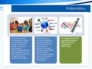 Problemática
Internet ha borrado
fronteras físicas , donde
los estudiantes tienen
acceso, por diversos
medios, a inmensos
volúmenes de
información que fluyen a
gran velocidad y en una
renovación constante, sin
la seguridad de ser
auténtica y verdadera.
Además, Internet
presenta innovadores
servicios de acceso a la
información como las
bases de datos,
bibliotecas, revistas,
periódicos digitalizados
así como radio y
televisión, pero ¿dónde
buscar? cómo buscar?
cómo gestionar la
información?
Los estudiantes de nivel
secundaria presentan
deficiencias en las
competencias
informativas.
 