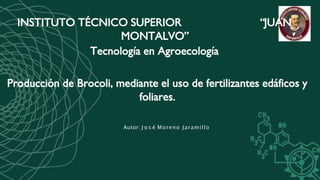 Producción de Brocoli, mediante el uso de fertilizantes edáficos y
foliares.
Autor: J o s é Moreno Jaramillo
INSTITUTO TÉCNICO SUPERIOR “JUAN
MONTALVO”
Tecnología en Agroecología
 