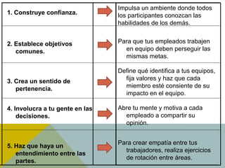 1. Construye confianza.
2. Establece objetivos
comunes.
3. Crea un sentido de
pertenencia.
4. Involucra a tu gente en las
decisiones.
5. Haz que haya un
entendimiento entre las
partes.
Impulsa un ambiente donde todos
los participantes conozcan las
habilidades de los demás.
Para que tus empleados trabajen
en equipo deben perseguir las
mismas metas.
Define qué identifica a tus equipos,
fija valores y haz que cada
miembro esté consiente de su
impacto en el equipo.
Abre tu mente y motiva a cada
empleado a compartir su
opinión.
Para crear empatía entre tus
trabajadores, realiza ejercicios
de rotación entre áreas.
 