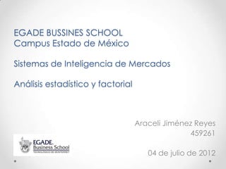 EGADE BUSSINES SCHOOL
Campus Estado de México

Sistemas de Inteligencia de Mercados

Análisis estadístico y factorial



                                   Araceli Jiménez Reyes
                                                 459261

                                      04 de julio de 2012
 