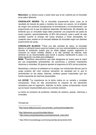 Másmelos: su textura suave y dulce hace que al ser cubierto por el chocolate
tome sabor diferente.
CHOCOLATE NEGRO: 2Es el chocolate propiamente dicho, pues es el
resultado de mezcla de pasta y manteca de cacao con azúcar, sin el añadido
de ningún otro producto (exceptuando el aromatizante y el emulsionante). Las
proporciones con la que se elaboran dependen del fabricante. No obstante, se
entiende que un chocolate negro debe presentar una proporción de pasta de
cacao superior, aproximadamente, al 50% del producto, pues a partir de esta
cantidad cuando el amargo del cacao empieza a hacer perceptible. En
cualquier caso, existen en el mercado tabletas de chocolate negro con distintas
proporciones de cacao.
CHOCOLATE BLANCO: 3Tiene una alta cantidad de calcio, el chocolate
blanco un alimento bueno para los huesos y es muy recomendable su consumo
durante el embarazo puesto que en estas etapas nuestro organismo lo
consume en mayor medida. Debido a su alta cantidad de calorías, este
alimento no es recomendable para tomar si quieres mantenerte tu peso o si
estás siguiendo una dieta para adelgazar.
MANI: 4Científicos descubrieron que esta oleaginosa es buena para la salud
por sus propiedades antioxidantes. Es económica y contiene importantes
vitaminas y minerales; 50 gramos aportan al organismo el 24% de las proteínas
Necesarias y reducen el colesterol en la sangre, los nutricionista afirman que la
carga proteica del maní produce sensación de saciedad por lo que lo
recomiendan en las dietas. Además, contiene grasas insaturadas que son
fuente importante de vitaminas liposolubles.
LA LECHE: 5La importancia de la leche radica en su variada y compleja
composición. Pues en ella encontramos la mayoría de los elementos
necesarios para el organismo. Además, la leche, posee componentes únicos
que la hacen imprescindible para una correcta nutrición.
La leche se compone de proteínas, hidratos de carbono, grasas, vitaminas y
minerales.

Tomado de:
2

http://www.delbuencomer.com.ar/index_archivos/chocolate.htm

3

http://alimentos.org.es/chocolate-blanco
http://www.companiamedica.com/naturismo/el_mani.html

4

5

http://html.rincondelvago.com/componentes-de-la-leche.html

 