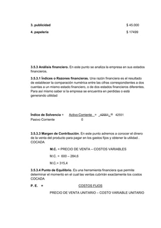 3. publicidad

$ 45.000

4. papelería

$ 17499

3.5.3 Análisis financiero. En este punto se analiza la empresa en sus estados
financieros.
3.5.3.1 Índices o Razones financieras. Una razón financiera es el resultado
de establecer la comparación numérica entre las cifras correspondientes a dos
cuentas a un mismo estado financiero, o de dos estados financieros diferentes.
Para así mismo saber si la empresa se encuentra en perdidas o está
generando utilidad

Índice de Solvencia =
Pasivo Corriente

Activo Corriente =
0

42551

=

42551

3.5.3.3 Margen de Contribución. En este punto adremos a conocer el dinero
de la venta del producto para pagar en los gastos fijos y obtener la utilidad .
COCADA
M.C. = PRECIO DE VENTA – COSTOS VARIABLES
M.C. = 600 – 284,6
M.C.= 315,4
3.5.3.4 Punto de Equilibrio. Es una herramienta financiera que permite
determinar el momento en el cual las ventas cubrirán exactamente los costos
COCADA
P. E.

=

COSTOS FIJOS
PRECIO DE VENTA UNITARIO – COSTO VARIABLE UNITARIO

 