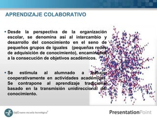 APRENDIZAJE COLABORATIVO


 Desde la perspectiva de la organización
  escolar, se denomina así al intercambio y
  desarrollo del conocimiento en el seno de
  pequeños grupos de iguales (pequeñas redes
  de adquisición de conocimiento), encaminados
  a la consecución de objetivos académicos.


 Se   estimula   al  alumnado    a   trabajar
  cooperativamente en actividades académicas.
  Se contrapone al aprendizaje tradicional
  basado en la transmisión unidireccional del
  conocimiento.
 