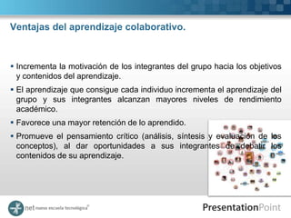 Ventajas del aprendizaje colaborativo.



 Incrementa la motivación de los integrantes del grupo hacia los objetivos
  y contenidos del aprendizaje.
 El aprendizaje que consigue cada individuo incrementa el aprendizaje del
  grupo y sus integrantes alcanzan mayores niveles de rendimiento
  académico.
 Favorece una mayor retención de lo aprendido.
 Promueve el pensamiento crítico (análisis, síntesis y evaluación de los
  conceptos), al dar oportunidades a sus integrantes de debatir los
  contenidos de su aprendizaje.
 