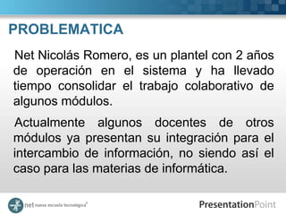 PROBLEMATICA
Net Nicolás Romero, es un plantel con 2 años
de operación en el sistema y ha llevado
tiempo consolidar el trabajo colaborativo de
algunos módulos.
Actualmente algunos docentes de otros
módulos ya presentan su integración para el
intercambio de información, no siendo así el
caso para las materias de informática.
 