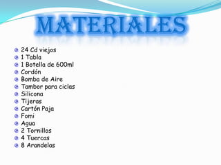MATERIALES
24 Cd viejos
1 Tabla
1 Botella de 600ml
Cordón
Bomba de Aire
Tambor para ciclas
Silicona
Tijeras
Cartón Paja
Fomi
Agua
2 Tornillos
4 Tuercas
8 Arandelas
 