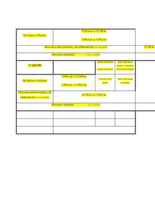 De Lunes a Viernes 
8:00 a.m. a 12:00 m. 
1:00 p.m. a 5:00 p.m. 
Descanso interjornada y de alimentación (Art. 168 LOTTT) 12:00 m. Descanso Semanal (Art. 173 LOTTT) Cuatro (04) horas 
2° GRUPO 
Cuatro (04) horas 
Ocho (08) horas 
diarias = Cuarenta 
(40) horas semanales 
De Martes a Sábado 
8:00 a.m. a 12:00 m. 
1:00 p.m. a 5:00 p.m. 
Una (01) hora 
diaria 
Cinco (05) horas 
semanales 
Descanso interjornada y de 
alimentación (Art. 168 LOTTT) 
12:00 m. a 1:00 p.m. 
Descanso Semanal (Art. 173 LOTTT)  