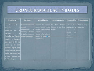 Propósito 1 Acciones Actividades Responsables Evaluación Cronograma
- Presentar el
Proyecto a la
Dirección de la
Escuela y a la
Sociedad de Padres,
madres y Amigos,
para que le den su
apoyo y de esta
manera lograr una
mayor integración de
todos los actores en
el uso y manejo de
las Tecnologías.
Realizar reunión con el
personal
administrativo, los
docentes y la Sociedad
de padres, madres y
amigos de la escuela.
Presentar las acciones
que se llevarán a cabo
durante la ejecución del
proyecto.
Integrar a los padres y
tutores al trabajo con
computadoras.
Lic. Kenia Martínez
Reynoso y Lic. César
Canela.
A través de la
integración de
todos los
actores del
Centro
Educativo.
Octubre 2014 a
enero 2015.
 