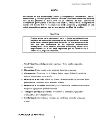 AUDITORIA INFORMÁTICA


                                      MISIÓN:


    Desarrollar en sus alumnos(as) saberes y competencias intelectuales, físicas,
    emocionales y sociales que le permitan resolver satisfactoriamente los desafíos
    que se les presenta el diario vivir, en un ambiente de sana convivencia
    democrática, privilegiando la coexistencia pacífica, adaptándose a la rapidez del
    cambio del mundo de hoy, respetando su medio ambiente y basándose en una
    sólida educación en valores y en un gran sentido positivo de la vida.


                                     OBJETIVO:

              Orientar el que hacer pedagógico hacia la formación del estudiante
              mediante el proceso de participación de la comunidad educativa
              de la institución que permita el desarrollo de sus potencialidades
              para que sea competente en los aspectos comunicativo,
              investigativo, critico, creativo, tolerante, autónomo y democrático,
              respondiendo así a los retos impuestos por la sociedad en el
              ámbito local, regional yIDEARIO:
                                        nacional.




  1. Creatividad: Capacidad para crear, organizar y llevar a cabo propuestas
     novedosas.
  2. Honestidad: Pudor, recato en las acciones, decencia, urbanidad.
  3. Compromiso: Convicción por la defensa de una causa. Obligación propia de
     cumplir una promesa o una acción.
  4. Orientación al servicio: Inclinación y deseo de satisfacer las necesidades de las
     personas que conviven o están alrededor nuestro.
  5. Orientación al resultado: Inclinación por la obtención de productos concretos de
     los planes y proyectos que nos trazamos.
  6. Trabajo en Equipo: Capacidad de cooperar en la planeación, ejecución y
     evaluación de proyectos comunes.
  7. Solidaridad: Sentimiento que impulsa a los hombres a presentar una ayuda
     mutua.




PLANEACIÓN DE AUDITORÍA:
                                          8
 