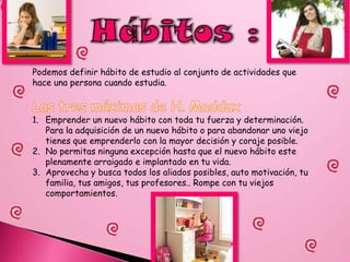 I. Introducción¨Hábitos y Técnicas de estudio¨Todos los individuos  tenemos hábitos y debemos de tener técnicas como un apoyo para mejorarlos no tan solo el estudio si no otras actividades , pero cada estudiante tiene diferentes técnicas de aprendizaje y eso lo veremos a lo largo de este proyecto.Este trabajo fue hecho principalmente por la curiosidad de saber que métodos se han empleado para que los alumnos aprendan a aprender.Las técnicas y hábitos de estudio son un tema que ha despertado el interés de maestros y alumnos de toda condición desde los tiempos primitivos hasta nuestros días.Las estrategias deben ser diseñadas de tal manera que los estudiantes se motiven a opinar, hacer hipótesis y buscar soluciones y lo mas importante descubrir el conocimiento por si mismo.A continuación se muestra de manera breve el contenido a cada uno de los capítulos que forman parte de este trabajo , hablaremos de técnicas de aprendizaje  y  hábitos de los estudiantes y que papel toma la lectura en el estudio; por ultimo formularemos encuestas a alumnos del Cecyt 10 ¨Carlos Vallejo Márquez¨