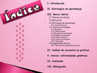 I. Introducción          II. Estrategias de aprendizajeIII. Marco teórico   3.1 Técnicas de estudio