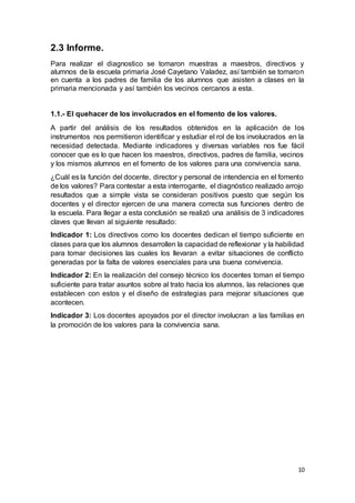 10
2.3 Informe.
Para realizar el diagnostico se tomaron muestras a maestros, directivos y
alumnos de la escuela primaria José Cayetano Valadez, así también se tomaron
en cuenta a los padres de familia de los alumnos que asisten a clases en la
primaria mencionada y así también los vecinos cercanos a esta.
1.1.- El quehacer de los involucrados en el fomento de los valores.
A partir del análisis de los resultados obtenidos en la aplicación de los
instrumentos nos permitieron identificar y estudiar el rol de los involucrados en la
necesidad detectada. Mediante indicadores y diversas variables nos fue fácil
conocer que es lo que hacen los maestros, directivos, padres de familia, vecinos
y los mismos alumnos en el fomento de los valores para una convivencia sana.
¿Cuál es la función del docente, director y personal de intendencia en el fomento
de los valores? Para contestar a esta interrogante, el diagnóstico realizado arrojo
resultados que a simple vista se consideran positivos puesto que según los
docentes y el director ejercen de una manera correcta sus funciones dentro de
la escuela. Para llegar a esta conclusión se realizó una análisis de 3 indicadores
claves que llevan al siguiente resultado:
Indicador 1: Los directivos como los docentes dedican el tiempo suficiente en
clases para que los alumnos desarrollen la capacidad de reflexionar y la habilidad
para tomar decisiones las cuales los llevaran a evitar situaciones de conflicto
generadas por la falta de valores esenciales para una buena convivencia.
Indicador 2: En la realización del consejo técnico los docentes toman el tiempo
suficiente para tratar asuntos sobre al trato hacia los alumnos, las relaciones que
establecen con estos y el diseño de estrategias para mejorar situaciones que
acontecen.
Indicador 3: Los docentes apoyados por el director involucran a las familias en
la promoción de los valores para la convivencia sana.
 