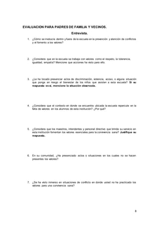8
EVALUACION PARA PADRES DE FAMILIA Y VECINOS.
Entrevista.
1. ¿Cómo se involucra dentro y fuera de la escuela en la prevención y atención de conflictos
y el fomento a los valores?
2. ¿Considera que en la escuela se trabaja con valores como el respeto, la tolerancia,
igualdad, empatía? Mencione que acciones ha visto para ello.
3. ¿Le ha tocado presenciar actos de discriminación, violencia, acoso, o alguna situación
que ponga en riesgo el bienestar de los niños que asisten a esta escuela? Si su
respuesta es sí, mencione la situación observada.
4. ¿Considera que el contexto en donde se encuentra ubicada la escuela repercute en la
falta de valores en los alumnos de esta institución? ¿Por qué?
5. ¿Considera que los maestros, intendentes y personal directivo que brinda su servicio en
esta institución fomentan los valores esenciales para la convivencia sana? Justifique su
respuesta.
6. En su comunidad, ¿Ha presenciado actos o situaciones en los cuales no se hacen
presentes los valores?
7. ¿Se ha visto inmerso en situaciones de conflicto en donde usted no ha practicado los
valores para una convivencia sana?
 
