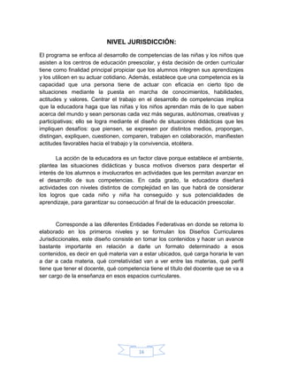 .
                           NIVEL JURISDICCIÓN:
El programa se enfoca al desarrollo de competencias de las niñas y los niños que
asisten a los centros de educación preescolar, y ésta decisión de orden curricular
tiene como finalidad principal propiciar que los alumnos integren sus aprendizajes
y los utilicen en su actuar cotidiano. Además, establece que una competencia es la
capacidad que una persona tiene de actuar con eficacia en cierto tipo de
situaciones mediante la puesta en marcha de conocimientos, habilidades,
actitudes y valores. Centrar el trabajo en el desarrollo de competencias implica
que la educadora haga que las niñas y los niños aprendan más de lo que saben
acerca del mundo y sean personas cada vez más seguras, autónomas, creativas y
participativas; ello se logra mediante el diseño de situaciones didácticas que les
impliquen desafíos: que piensen, se expresen por distintos medios, propongan,
distingan, expliquen, cuestionen, comparen, trabajen en colaboración, manifiesten
actitudes favorables hacia el trabajo y la convivencia, etcétera.

       La acción de la educadora es un factor clave porque establece el ambiente,
plantea las situaciones didácticas y busca motivos diversos para despertar el
interés de los alumnos e involucrarlos en actividades que les permitan avanzar en
el desarrollo de sus competencias. En cada grado, la educadora diseñará
actividades con niveles distintos de complejidad en las que habrá de considerar
los logros que cada niño y niña ha conseguido y sus potencialidades de
aprendizaje, para garantizar su consecución al final de la educación preescolar.


       Corresponde a las diferentes Entidades Federativas en donde se retoma lo
elaborado en los primeros niveles y se formulan los Diseños Curriculares
Jurisdiccionales, este diseño consiste en tomar los contenidos y hacer un avance
bastante importante en relación a darle un formato determinado a esos
contenidos, es decir en qué materia van a estar ubicados, qué carga horaria le van
a dar a cada materia, qué correlatividad van a ver entre las materias, qué perfil
tiene que tener el docente, qué competencia tiene el título del docente que se va a
ser cargo de la enseñanza en esos espacios curriculares.




                                        16
 