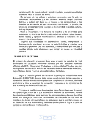 transformación del mundo natural y social inmediato, y adquieran actitudes
      favorables hacia el cuidado del medio.
      • Se apropien de los valores y principios necesarios para la vida en
      comunidad, reconociendo que las personas tenemos rasgos culturales
      distintos, y actúen con base en el respeto a las características y los
      derechos de los demás, el ejercicio de responsabilidades, la justicia y la
      tolerancia, el reconocimiento y aprecio a la diversidad lingüística, cultural,
      étnica y de género.
      • Usen la imaginación y la fantasía, la iniciativa y la creatividad para
      expresarse por medio de los lenguajes artísticos (música, artes visuales,
      danza, teatro) y apreciar manifestaciones artísticas y culturales de su
      entorno y de otros contextos.
      • Mejoren sus habilidades de coordinación, control, manipulación y
      desplazamiento; practiquen acciones de salud individual y colectiva para
      preservar y promover una vida saludable, y comprendan qué actitudes y
      medidas adoptar ante situaciones que pongan en riesgo su integridad
      personal.

PERFIL DEL PROFESOR

El profesor de educación preescolar debe tener el grado de estudios de nivel
Licenciatura en Educación Preescolar expedido por las Escuelas Normales
afiliadas a la SEC., Universidad Pedagógica o Universidades Privadas, para dar
la asignatura de Educación Artística es necesario tener la licenciatura en Música,
Artes Platicas, danza, Teatro o afines al ámbito de la Cultura.

       Según la Dirección general de Educación Superior para Profesionales de la
Educación (DGESPE) El docente debe contar con el dominio de los propósitos y
contenidos básicos de la educación preescolar, competencias didácticas, identidad
profesional y ética, y capacidad de percepción y respuesta a las condiciones de
sus alumnos y del entorno de la escuela.

       El programa establece que la educadora es un factor clave para favorecer
los aprendizajes ya que es la que establece el ambiente de aprendizaje, plantea
las situaciones didácticas para favorecer las competencias en las que los niños
están más rezagados, busca las herramientas para despertar en los niños el
interés en los temas e involucrarlos en las actividades que le permitan avanzar en
su desarrollo de sus habilidades y destrezas que le ayuden a lograr el perfil de
egreso que demanda cada nivel educativo.




                                        27
 