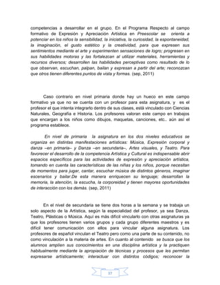 competencias a desarrollar en el grupo. En el Programa Respecto al campo
formativo de Expresión y Apreciación Artística en Preescolar se orienta a
potenciar en los niños la sensibilidad, la iniciativa, la curiosidad, la espontaneidad,
la imaginación, el gusto estético y la creatividad, para que expresen sus
sentimientos mediante el arte y experimenten sensaciones de logro; progresen en
sus habilidades motoras y las fortalezcan al utilizar materiales, herramientas y
recursos diversos; desarrollen las habilidades perceptivas como resultado de lo
que observan, escuchan, palpan, bailan y expresan a partir del arte; reconozcan
que otros tienen diferentes puntos de vista y formas. (sep, 2011)




       Caso contrario en nivel primaria donde hay un hueco en este campo
formativo ya que no se cuenta con un profesor para esta asignatura, y es el
profesor el que intenta integrarlo dentro de sus clases, está vinculado con Ciencias
Naturales, Geografía e Historia. Los profesores valoran este campo en trabajos
que encargan a los niños como dibujos, maquetas, canciones, etc.. aún así el
programa establece.

        En nivel de primaria la asignatura en los dos niveles educativos se
organiza en distintas manifestaciones artísticas: Música, Expresión corporal y
danza –en primaria– y Danza –en secundaria–, Artes visuales, y Teatro. Para
favorecer el desarrollo de la competencia Artística y Cultural es indispensable abrir
espacios específicos para las actividades de expresión y apreciación artística,
tomando en cuenta las características de las niñas y los niños, porque necesitan
de momentos para jugar, cantar, escuchar música de distintos géneros, imaginar
escenarios y bailar.De esta manera enriquecen su lenguaje; desarrollan la
memoria, la atención, la escucha, la corporeidad y tienen mayores oportunidades
de interacción con los demás. (sep, 2011)


        En el nivel de secundaria se tiene dos horas a la semana y se trabaja un
solo aspecto de la Artística, según la especialidad del profesor, ya sea Danza,
Teatro, Plásticas o Música. Aquí es más difícil vincularlo con otras asignaturas ya
que los profesores tienen varios grupos y cada grupo diferentes maestros y es
difícil tener comunicación con ellos para vincular alguna asignatura. Los
profesores de español vinculan el Teatro pero como una parte de su contenido, no
como vinculación a la materia de artes. En cuanto al contenido se busca que los
alumnos amplíen sus conocimientos en una disciplina artística y la practiquen
habitualmente mediante la apropiación de técnicas y procesos que les permitan
expresarse artísticamente; interactuar con distintos códigos; reconocer la


                                          37
 