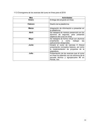 11
11.5 Cronograma de los avances del curso en línea para el 2018
Mes Actividades
Enero Entrega del proyecto en línea.
Febrero Diseño de la plataforma.
Marzo Integración de información a presentar en
la plataforma.
Abril Se trabajará de manera presencial con los
alumnos de segundo, para presentar
objetivos del curso en línea.
Mayo Se trabajará de forma virtual con alumnos
enseñando a como trabajar las
aplicaciones designadas.
Junio Iniciará el curso de ciencias II (física)
presentando conceptos básicos, así como
la implementación de proyectos de la
asignatura.
Julio Presentación de los avances que el curso
en línea ha obtenido con los alumnos de la
escuela técnica y agropecuaria #6 en
Perote, Ver.
 