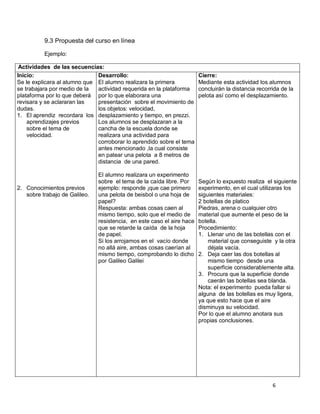 6
9.3 Propuesta del curso en línea
Ejemplo:
Actividades de las secuencias:
Inicio:
Se le explicara al alumno que
se trabajara por medio de la
plataforma por lo que deberá
revisara y se aclararan las
dudas.
1. El aprendiz recordara los
aprendizajes previos
sobre el tema de
velocidad.
2. Conocimientos previos
sobre trabajo de Galileo.
Desarrollo:
El alumno realizara la primera
actividad requerida en la plataforma
por lo que elaborara una
presentación sobre el movimiento de
los objetos: velocidad,
desplazamiento y tiempo, en prezzi.
Los alumnos se desplazaran a la
cancha de la escuela donde se
realizara una actividad para
corroborar lo aprendido sobre el tema
antes mencionado ,la cual consiste
en patear una pelota a 8 metros de
distancia de una pared.
El alumno realizara un experimento
sobre el tema de la caída libre. Por
ejemplo: responde ¡que cae primero
una pelota de beisbol o una hoja de
papel?
Respuesta: ambas cosas caen al
mismo tiempo, solo que el medio de
resistencia, en este caso el aire hace
que se retarde la caída de la hoja
de papel.
Si los arrojamos en el vacío donde
no allá aire, ambas cosas caerían al
mismo tiempo, comprobando lo dicho
por Galileo Galilei
Cierre:
Mediante esta actividad los alumnos
concluirán la distancia recorrida de la
pelota así como el desplazamiento.
Según lo expuesto realiza el siguiente
experimento, en el cual utilizaras los
siguientes materiales:
2 botellas de platico
Piedras, arena o cualquier otro
material que aumente el peso de la
botella.
Procedimiento:
1. Llenar uno de las botellas con el
material que conseguiste y la otra
déjala vacía.
2. Deja caer las dos botellas al
mismo tiempo desde una
superficie considerablemente alta.
3. Procura que la superficie donde
caerán las botellas sea blanda.
Nota: el experimento pueda fallar si
alguna de las botellas es muy ligera,
ya que esto hace que el aire
disminuya su velocidad.
Por lo que el alumno anotara sus
propias conclusiones.
 