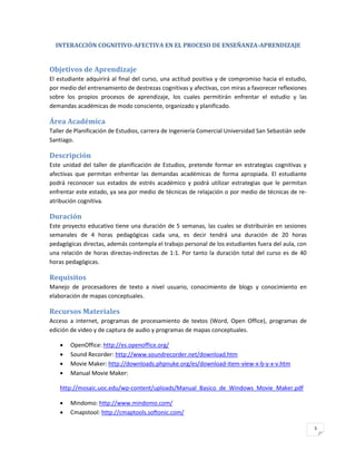 INTERACCIÓN COGNITIVO-AFECTIVA EN EL PROCESO DE ENSEÑANZA-APRENDIZAJE


Objetivos de Aprendizaje
El estudiante adquirirá al final del curso, una actitud positiva y de compromiso hacia el estudio,
por medio del entrenamiento de destrezas cognitivas y afectivas, con miras a favorecer reflexiones
sobre los propios procesos de aprendizaje, los cuales permitirán enfrentar el estudio y las
demandas académicas de modo consciente, organizado y planificado.

Área Académica
Taller de Planificación de Estudios, carrera de Ingeniería Comercial Universidad San Sebastián sede
Santiago.

Descripción
Este unidad del taller de planificación de Estudios, pretende formar en estrategias cognitivas y
afectivas que permitan enfrentar las demandas académicas de forma apropiada. El estudiante
podrá reconocer sus estados de estrés académico y podrá utilizar estrategias que le permitan
enfrentar este estado, ya sea por medio de técnicas de relajación o por medio de técnicas de re-
atribución cognitiva.

Duración
Este proyecto educativo tiene una duración de 5 semanas, las cuales se distribuirán en sesiones
semanales de 4 horas pedagógicas cada una, es decir tendrá una duración de 20 horas
pedagógicas directas, además contempla el trabajo personal de los estudiantes fuera del aula, con
una relación de horas directas-indirectas de 1:1. Por tanto la duración total del curso es de 40
horas pedagógicas.

Requisitos
Manejo de procesadores de texto a nivel usuario, conocimiento de blogs y conocimiento en
elaboración de mapas conceptuales.

Recursos Materiales
Acceso a internet, programas de procesamiento de textos (Word, Open Office), programas de
edición de video y de captura de audio y programas de mapas conceptuales.

       OpenOffice: http://es.openoffice.org/
       Sound Recorder: http://www.soundrecorder.net/download.htm
       Movie Maker: http://downloads.phpnuke.org/es/download-item-view-x-b-y-x-v.htm
       Manual Movie Maker:

    http://mosaic.uoc.edu/wp-content/uploads/Manual_Basico_de_Windows_Movie_Maker.pdf

       Mindomo: http://www.mindomo.com/
       Cmapstool: http://cmaptools.softonic.com/

                                                                                                      3
 
