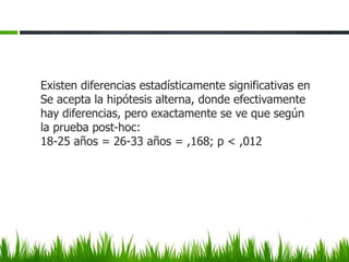 Existen diferencias estadísticamente significativas en
Se acepta la hipótesis alterna, donde efectivamente
hay diferencias, pero exactamente se ve que según
la prueba post-hoc:
18-25 años = 26-33 años = ,168; p < ,012
 