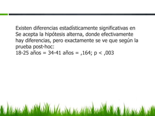 Existen diferencias estadísticamente significativas en
Se acepta la hipótesis alterna, donde efectivamente
hay diferencias, pero exactamente se ve que según la
prueba post-hoc:
18-25 años = 34-41 años = ,164; p < ,003
 