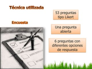 53 preguntas
   tipo Likert

 Una pregunta
    abierta

  6 preguntas con
diferentes opciones
    de respuesta
 