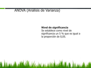 ANOVA (Análisis de Varianza)



                Nivel de significancia
                Se establece como nivel de
                significancia un 5 % que es igual a
                la proporción de 0,05.
 