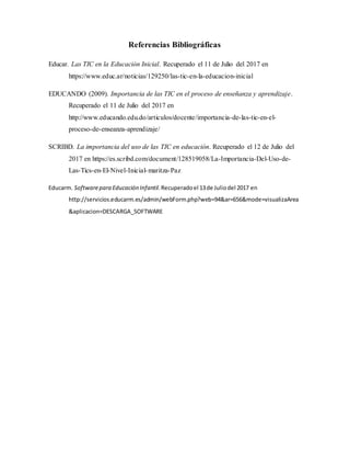 Referencias Bibliográficas
Educar. Las TIC en la Educación Inicial. Recuperado el 11 de Julio del 2017 en
https://www.educ.ar/noticias/129250/las-tic-en-la-educacion-inicial
EDUCANDO (2009). Importancia de las TIC en el proceso de enseñanza y aprendizaje.
Recuperado el 11 de Julio del 2017 en
http://www.educando.edu.do/articulos/docente/importancia-de-las-tic-en-el-
proceso-de-enseanza-aprendizaje/
SCRIBD. La importancia del uso de las TIC en educación. Recuperado el 12 de Julio del
2017 en https://es.scribd.com/document/128519058/La-Importancia-Del-Uso-de-
Las-Tics-en-El-Nivel-Inicial-maritza-Paz
Educarm. Softwarepara Educación Infantil.Recuperadoel 13de Juliodel 2017 en
http://servicios.educarm.es/admin/webForm.php?web=94&ar=656&mode=visualizaArea
&aplicacion=DESCARGA_SOFTWARE
 