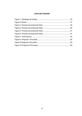 LISTA DE FIGURAS


Figura 1. Estrategia de trabajo ....................................................................... 35
Figura 2 Clúster ............................................................................................. 37
Figura 3. Proceso de producción foto1 .......................................................... 40
Figura 4. Proceso de producción foto2 .......................................................... 40
Figura 5. Proceso de producción foto3 .......................................................... 41
Figura 6. Proceso de producción foto4 .......................................................... 41
Figura 7. Ficha técnica .................................................................................. 44
Figura 8 Pregunta 1 Encuesta ...................................................................... 62
Figura 9 Pregunta 2 Encuesta ....................................................................... 63
Figura 10 Pregunta 3 Encuesta ..................................................................... 63




                                                    10
 