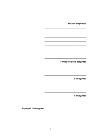 Nota de aceptación

                         ______________________________________

                         ______________________________________

                         ______________________________________

                         ______________________________________

                         ______________________________________




                         ______________________________________

                                       Firma presidente del jurado




                         ______________________________________

                                                     Firma jurado




                         ______________________________________

                                                     Firma jurado




Zipaquirá 21 de Agosto




                             3
 