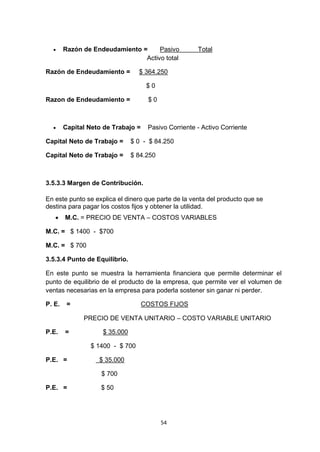      Razón de Endeudamiento =     Pasivo           Total
                                Activo total

Razón de Endeudamiento =         $ 364.250

                                     $0

Razon de Endeudamiento =             $0



       Capital Neto de Trabajo =    Pasivo Corriente - Activo Corriente

Capital Neto de Trabajo =      $ 0 - $ 84.250

Capital Neto de Trabajo =      $ 84.250



3.5.3.3 Margen de Contribución.

En este punto se explica el dinero que parte de la venta del producto que se
destina para pagar los costos fijos y obtener la utilidad.
       M.C. = PRECIO DE VENTA – COSTOS VARIABLES

M.C. = $ 1400 - $700

M.C. = $ 700

3.5.3.4 Punto de Equilibrio.

En este punto se muestra la herramienta financiera que permite determinar el
punto de equilibrio de el producto de la empresa, que permite ver el volumen de
ventas necesarias en la empresa para poderla sostener sin ganar ni perder.

P. E.    =                          COSTOS FIJOS

              PRECIO DE VENTA UNITARIO – COSTO VARIABLE UNITARIO

P.E.    =           $ 35.000

                $ 1400 - $ 700

P.E. =             $ 35.000

                    $ 700

P.E. =              $ 50




                                          54
 