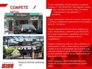 COMPETE
NCIA
Proyecto final de marketing
-26
Como competidores directos tenemos en general
tenemos a “LAS DELICIAS “una empresa y marca
muy conocida en nuestro rubro. En nuestra
zona tenemos a una pastelería y 3
panaderías.
Como competidores indirectos tenemos restaurantes
y pollerías, establecidos mayormente a los extremos
de la AV. Los héroes.
Nuestra competencia directa ofrece productos ya
vistos “innovadores” y atractivos por DELICIAS.
En el caso de pastelerías y panaderías tiene como
ventaja los precios y su existencia en los
consumidores.
Nuestra competencia indirecta ofrece productos ya
mencionados el pollo y platos típicos, con lo que su
ventaja se da en su temperatura que es acorde a las
estacione limeñas el uso de recursos como los Tv y
un buen ambiente además del acompañamiento en
promoción con bebidas.
NOVA adecuara el BENCHMARKING como
técnica de investigación para fortalecer nuestro
rubro.
 