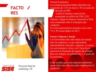 FACTO
RES
Proyecto final de
marketing -29
•Factor Económico
La economía peruana habría obtenido una
expansión de 3.2% en mayo y 4% en junio de
este año en PBI.
A abril la balanza comercial ha
acumulado un déficit de US$ 1,535
millones. Según la balanza comercial el Perú
está comprando más al extranjero que
venderles.
El sector gastronómico peruano crece entre
7% y 8% anual dados en 2013.
Factor Cultural y Social
Las festividades han sido objeto de estudio
para las empresas, ya que representan
oportunidad de mercado e ingresos. La nueva
ley universitaria y la ley civil. Estas leyes
garantiza la búsqueda de lugares de reunión
para sus trabajos ,la celebración y el gusto de
las personas. ..
Cabe resaltar que como repostería debemos
aprovechar estos factores para implementar el
desarrollo.
 