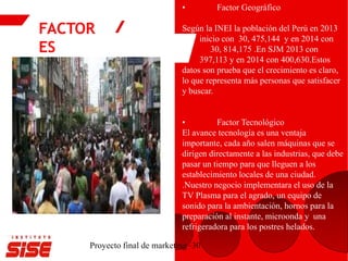 FACTOR
ES
Proyecto final de marketing -30
• Factor Geográfico
Según la INEI la población del Perú en 2013
inicio con 30, 475,144 y en 2014 con
30, 814,175 .En SJM 2013 con
397,113 y en 2014 con 400,630.Estos
datos son prueba que el crecimiento es claro,
lo que representa más personas que satisfacer
y buscar.
• Factor Tecnológico
El avance tecnología es una ventaja
importante, cada año salen máquinas que se
dirigen directamente a las industrias, que debe
pasar un tiempo para que lleguen a los
establecimiento locales de una ciudad.
.Nuestro negocio implementara el uso de la
TV Plasma para el agrado, un equipo de
sonido para la ambientación, hornos para la
preparación al instante, microonda y una
refrigeradora para los postres helados.
 